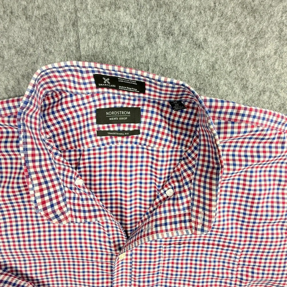 Nordstrom Mens Shop Smartcare Gingham Shirt Red White Blue 18 35 Traditional Fit